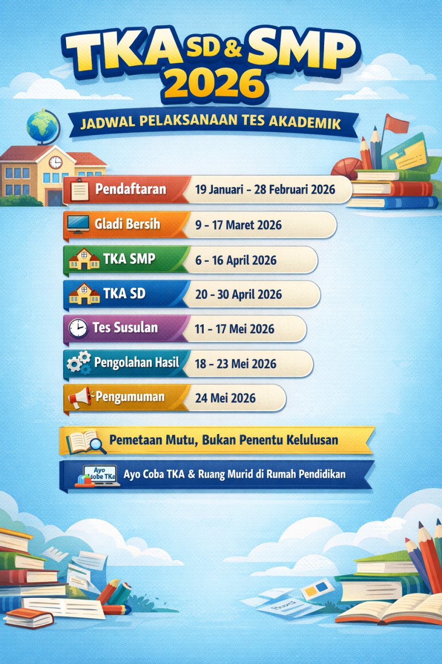 Jadwal pelaksanaan Tes Kemampuan Akademik bagi murid SD dan SMP 2026. (Infografik diolah menggunakan AI)
